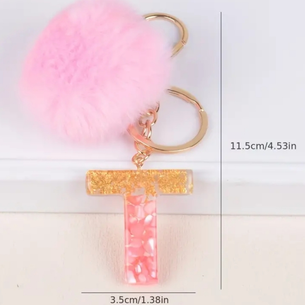 NEW! Resin Letter "T" Initial Keychain Purse Charm w/ Pom Pom Alphabet, 🎒, Bag